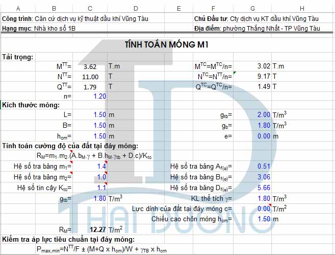 Bảng tính móng đơn M1 bằng Excel